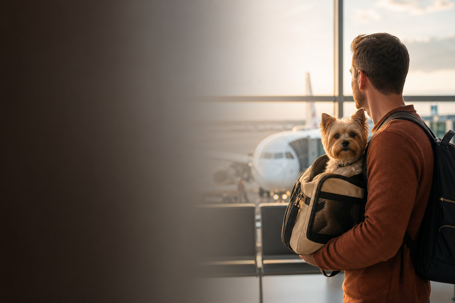 tutor com cachorro pequeno pronto para embarcar em aeroporto, sem texto